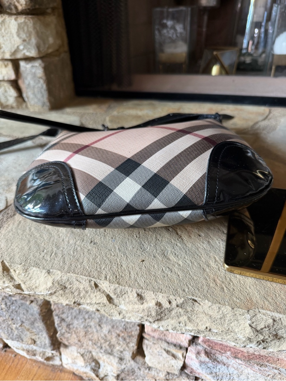 Burberry Hay Market Check Crossbody with Black Patent Trim - Picture 4 of 7